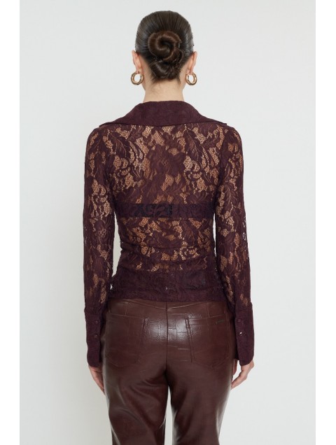 MIX AND MATCH Ellora Lace Shirt Burgundy Βουργουνδί Δαντελένιο Πουκάμισο